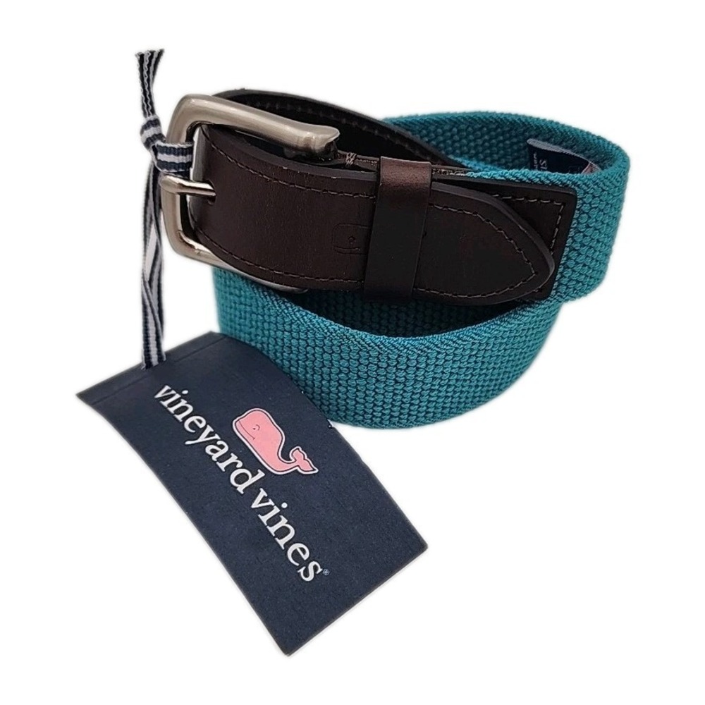 NWT Vineyard Vines Spinnaker Bungee Belt With Leather Tabs, Antigua Green Sz 32